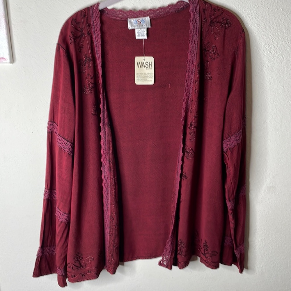 OSO Casuals rayon topper, size L in garnet red with embroidery and lace, size L